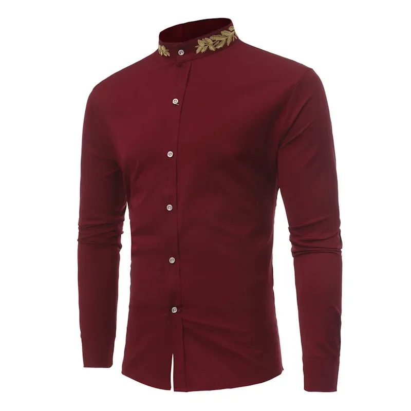 

Men's Gold Embroidery Wine Red Dress Shirt For Banquet Formal Long Sleeve Wedding Shirt Male Business Dinner Prom Chemise Hombre