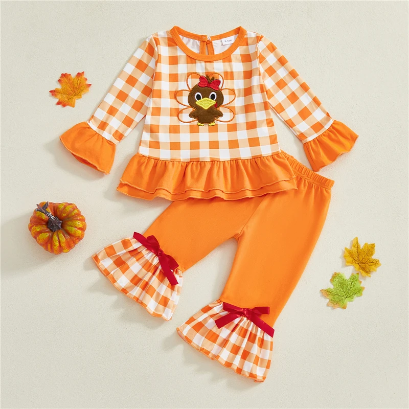 Set di vestiti per il Ringraziamento delle ragazze del bambino Manica lunga O Collo Ricamo Turchia Top Pantaloni svasati Set Abbigliamento per bambini