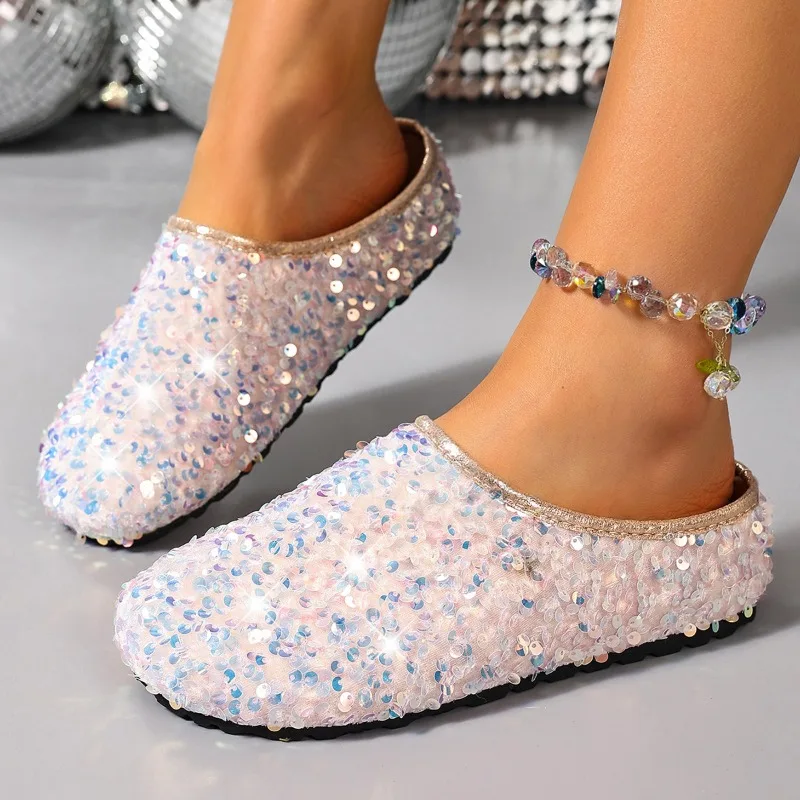 

Тапочки Baotou женские, новые, с пайетками, для улицы, весна-осень, на плоской мягкой подошве, ленивые, без застежек