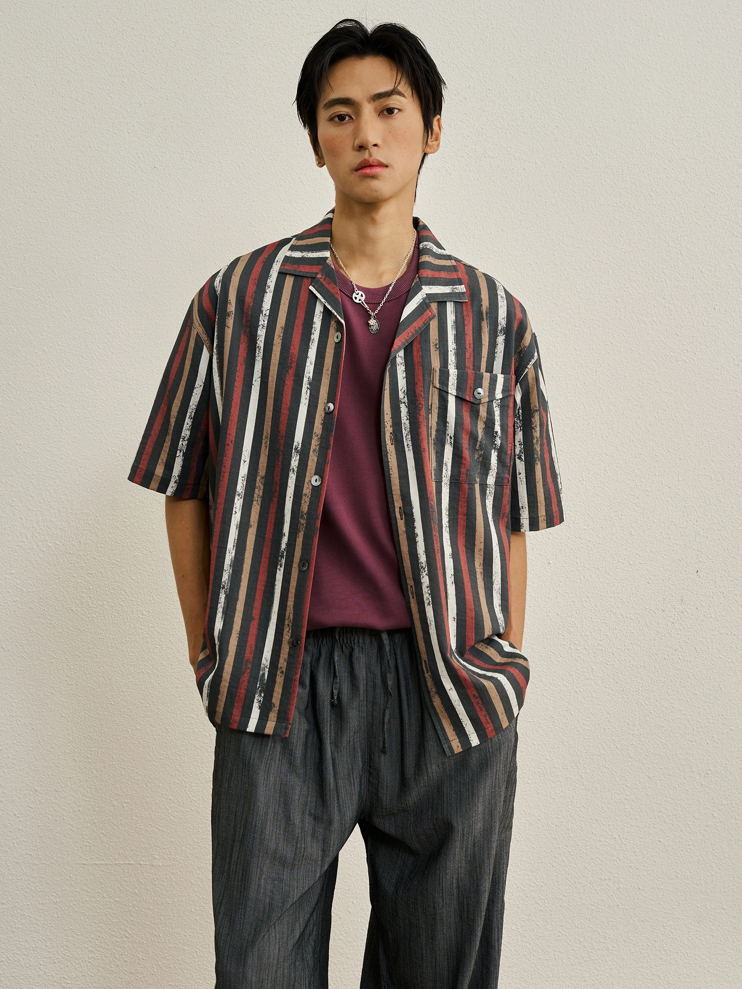CENLES SS26 Vintage Hawaiian Shirt Casual Vacation Style Stripe Pattern Men's Loose Fit Breathable Short Sleeve Printed Shirt