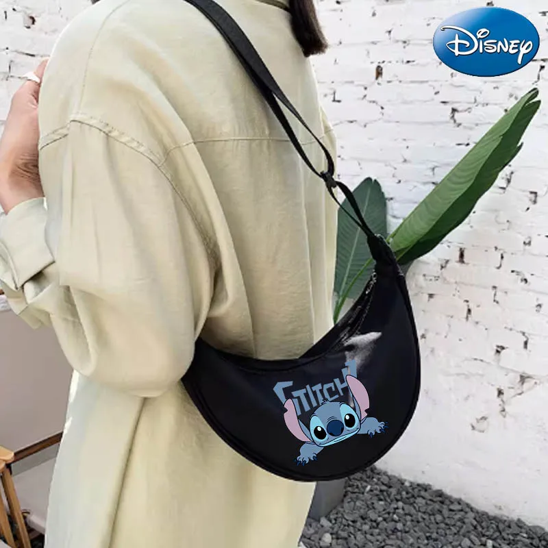 

Cute Disney Lilo & Stitch Nylon Hobos Chest Shoulder Bag Large Capacity Travel Crossbody Half Moon Belt Messenger for Women Bags