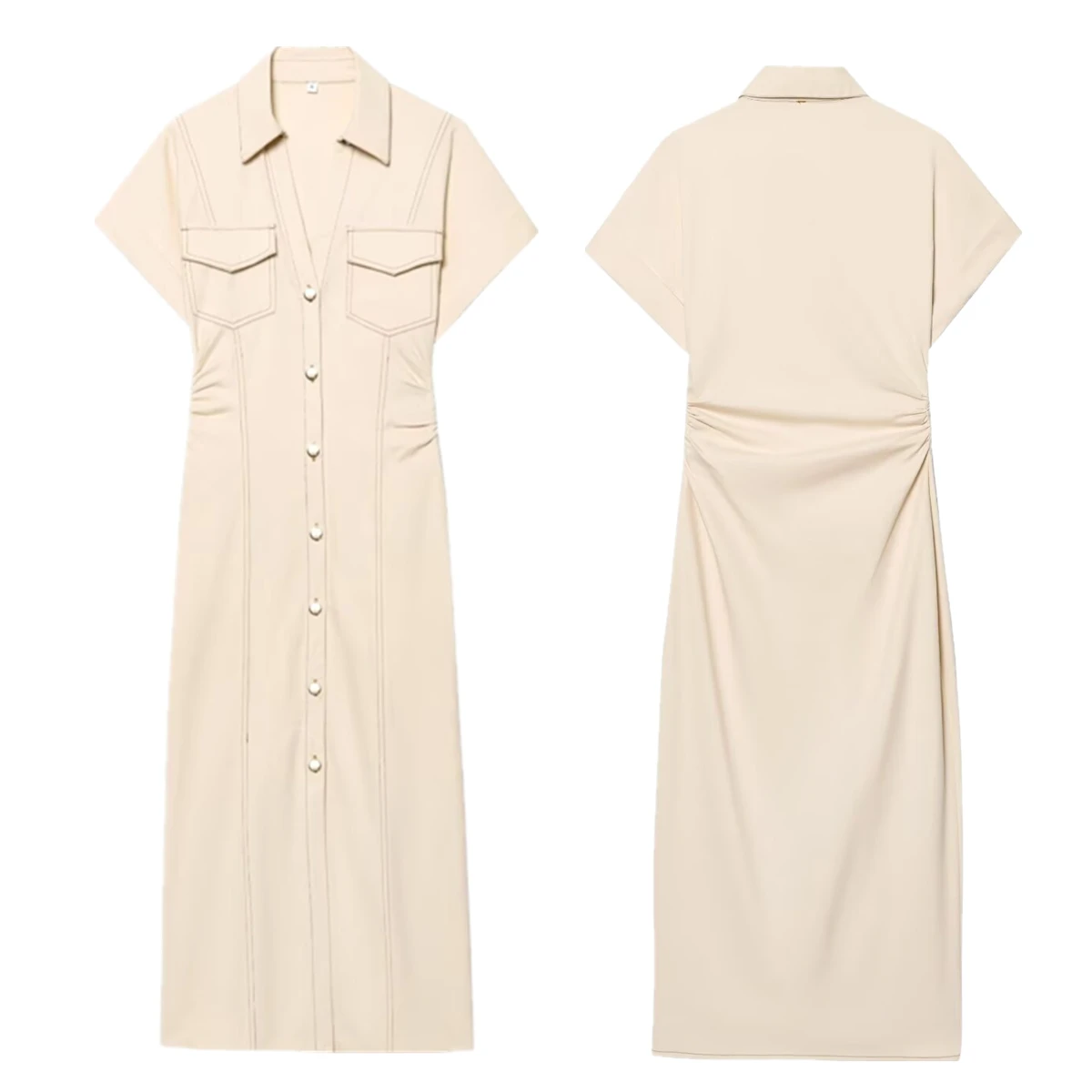 

Jenny&Dave Minimalist Women's Beige Slim Fit Dress Short Sleeve Twill MIDI Dress Summer Dresses Party Dresses Vestidos