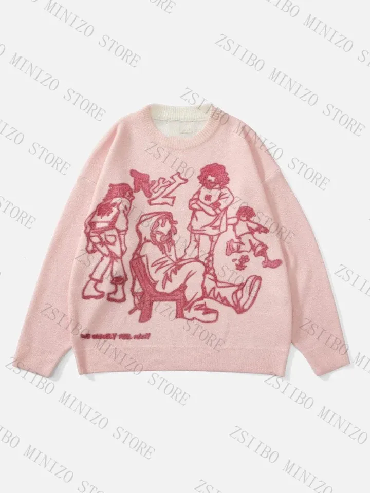 2023 women Streetwear Pink Hoodie Sweater Striped Graffiti Funny Cartoon Graphic Tops Autumn Harajuku Anime  Pullover Hip Hop 