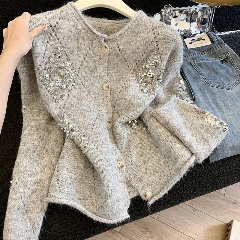 

Women New Grey Glitter Thin Style Sweater Hollow Out Design Sense Knitted Splicing Sequins Cardigan Round Neck Spring Autumn