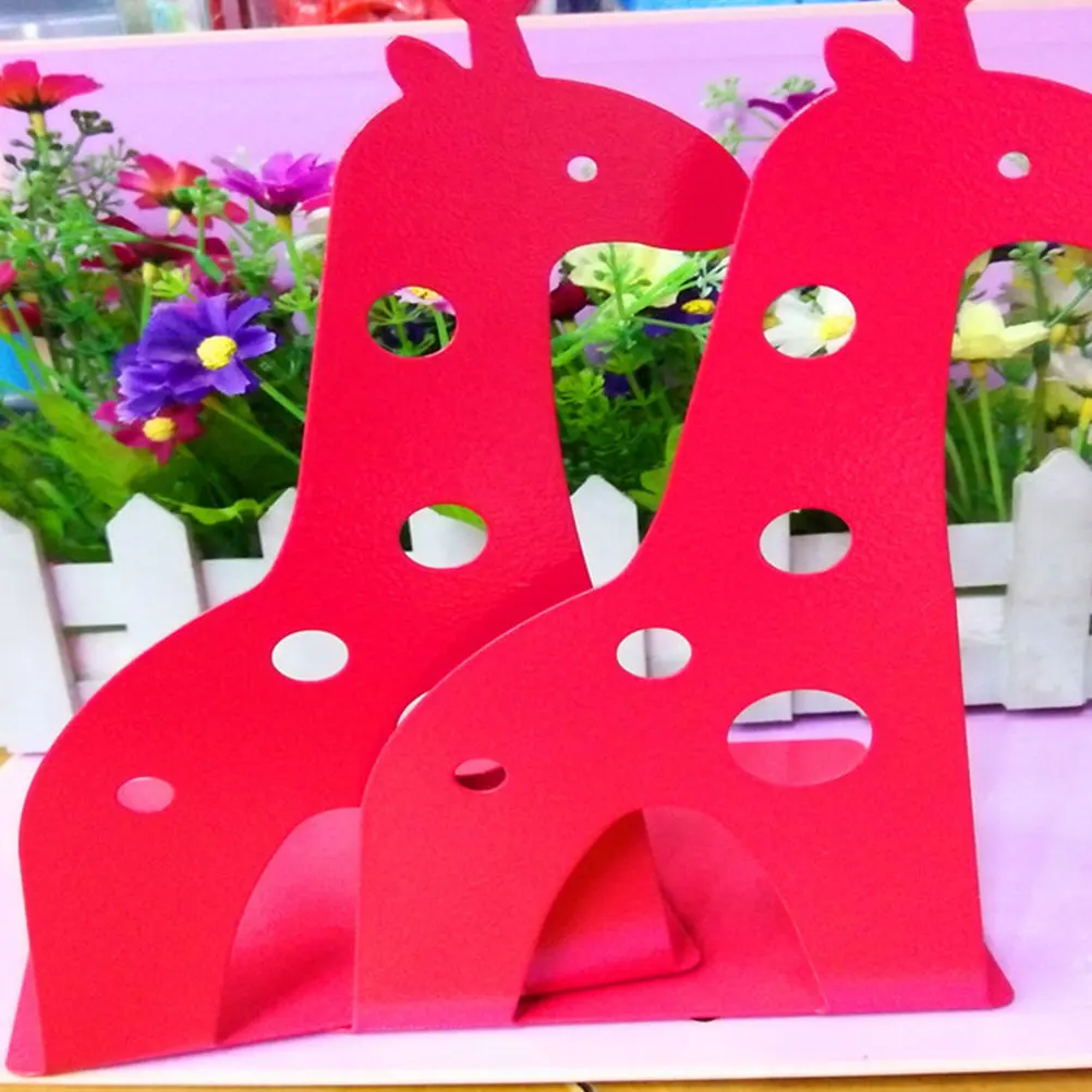 

2Pcs Giraffe Bookends Creative Cartoon Animal Design Red Nonskid Metal Book Supports Organizer for Office Home