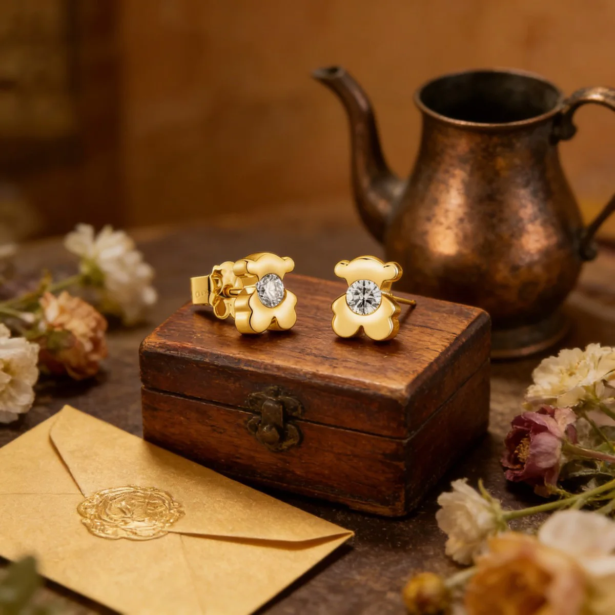 Pendientes de Plata de Ley S925 con Perla y Colgante de Oso con Esmalte Turquesa Chapado en Oro para Mujer