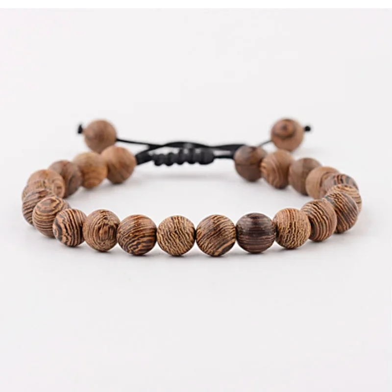 1 Piece 8mm Men Vintage Wood Beaded Bracelet Black Frosted Stone Adjustable Hand String For Women Fashion Jewelry Couple