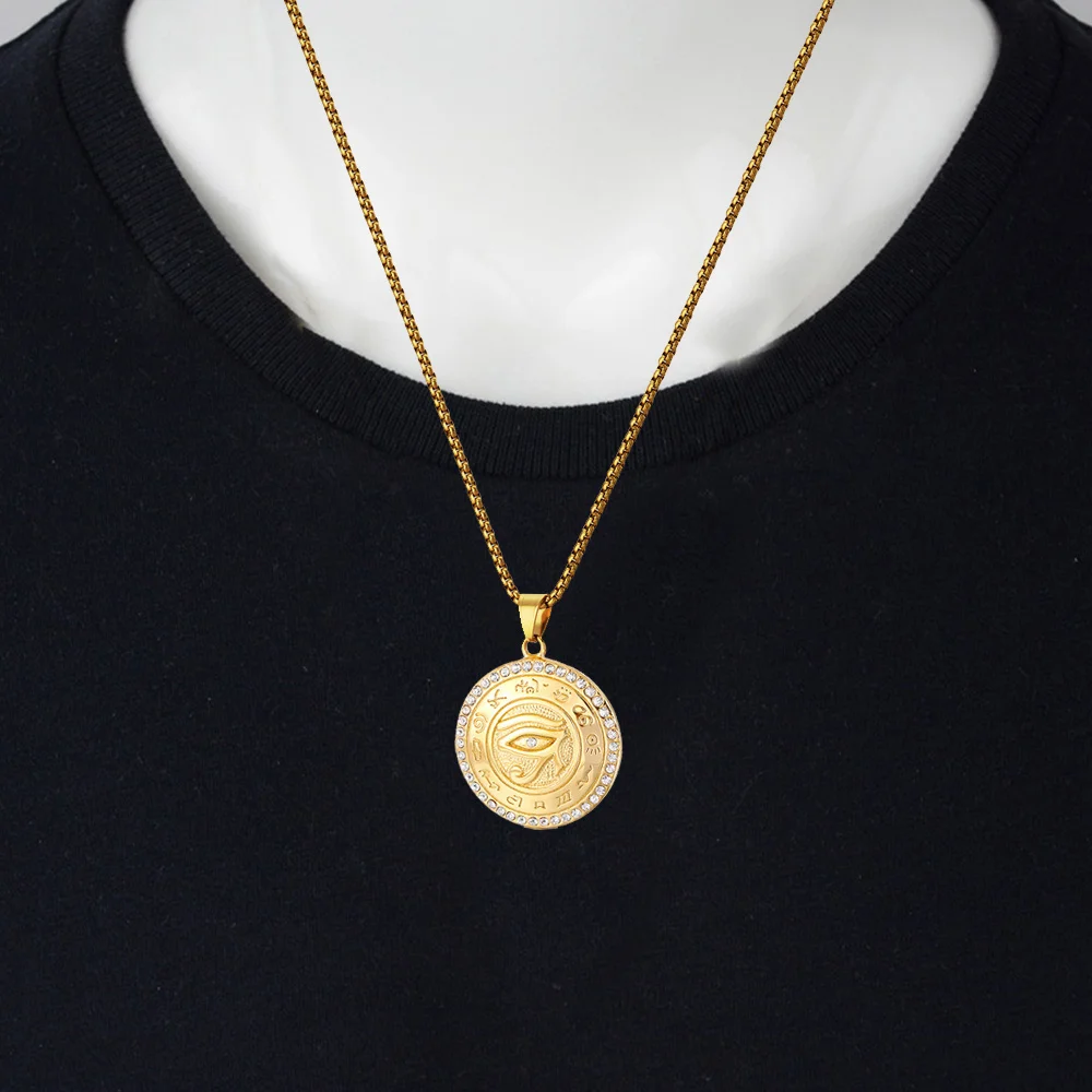Ancient Egypt The Eye of Horus Pendant Gold Color Stainless Steel Round Necklace For Women Men Egyptian Fashion Jewelry Gift