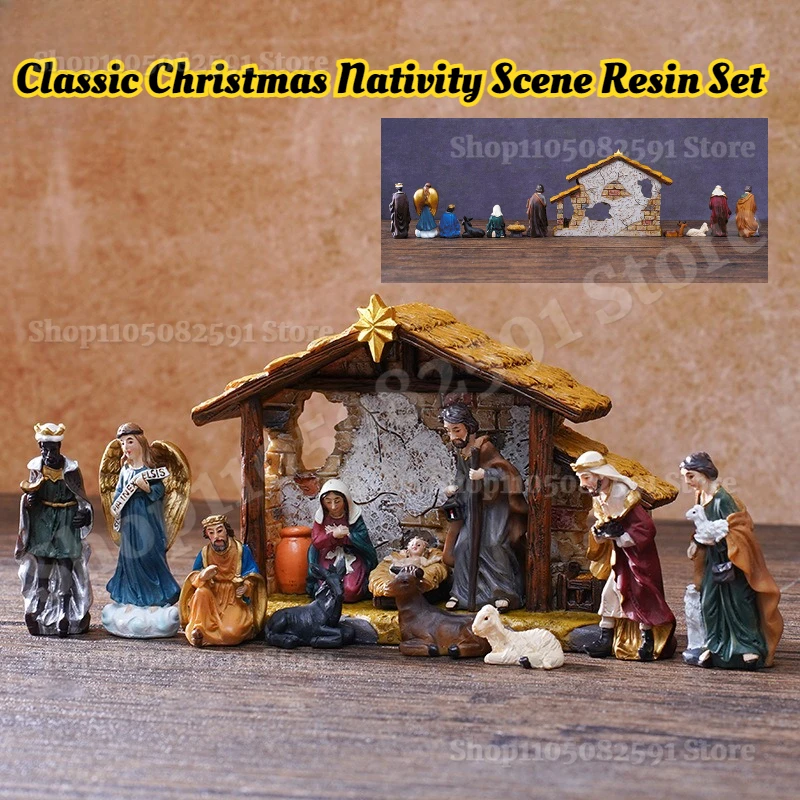 

5cm Classic Christmas Nativity Scene Resin Set With House Gift Box Table Centerpiece Home Display For Family Kids Holiday Gift