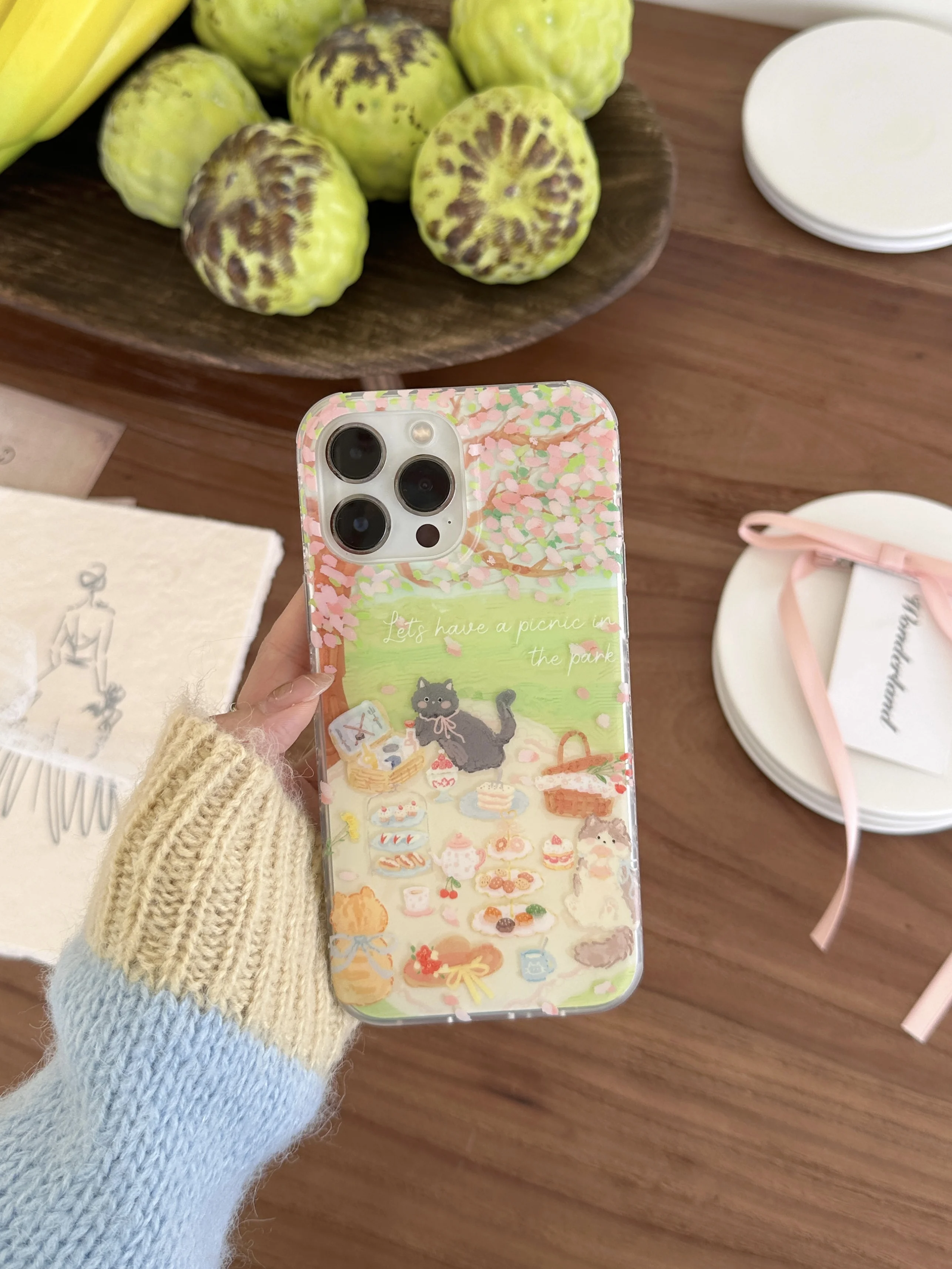 INS Spring Super Cute Cartoon Picnic Cat Case for iPhone 15 14 13 Pro Max 12 Pro Plus Matte Cover