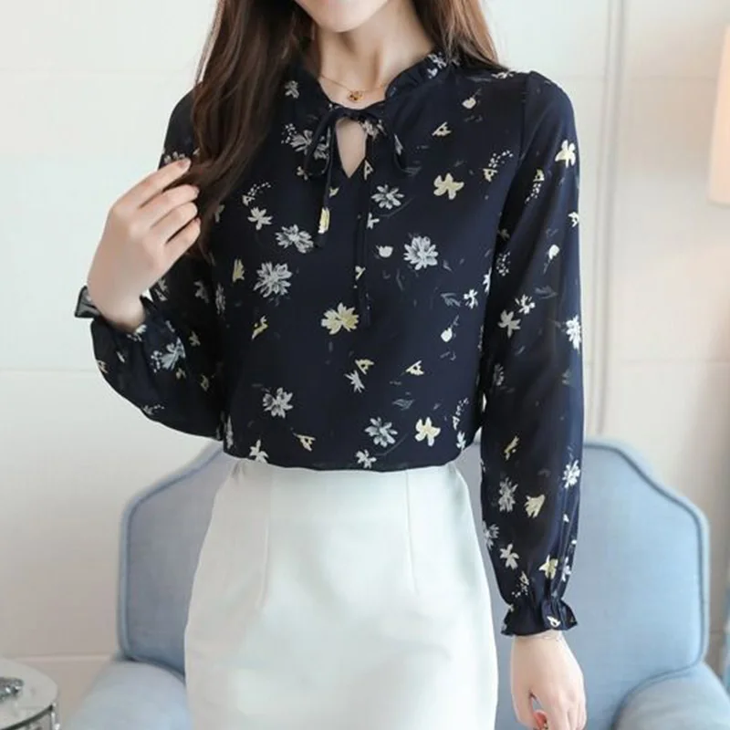 Prairie Chic Lacing Floral Printing Chiffon Blouses 2023 Women\'s Spring Summer Sweet Round Neck Long Sleeve Pullover Slim Shirt