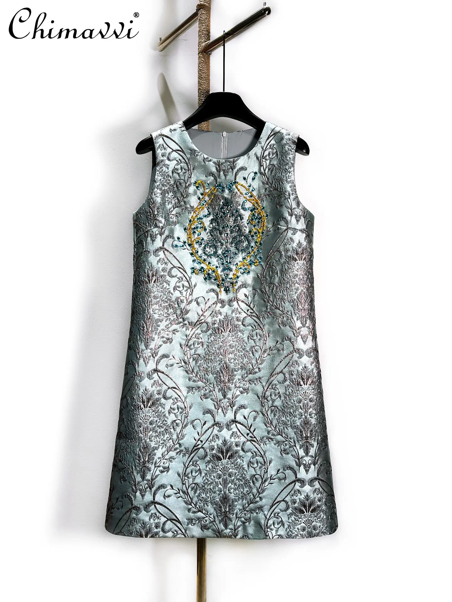 

Chinese Style High-end Jacquard Heavy Beaded A-line Dress 2026 Spring Summer New Fashion Sleeveless Elegant Party Dress Women