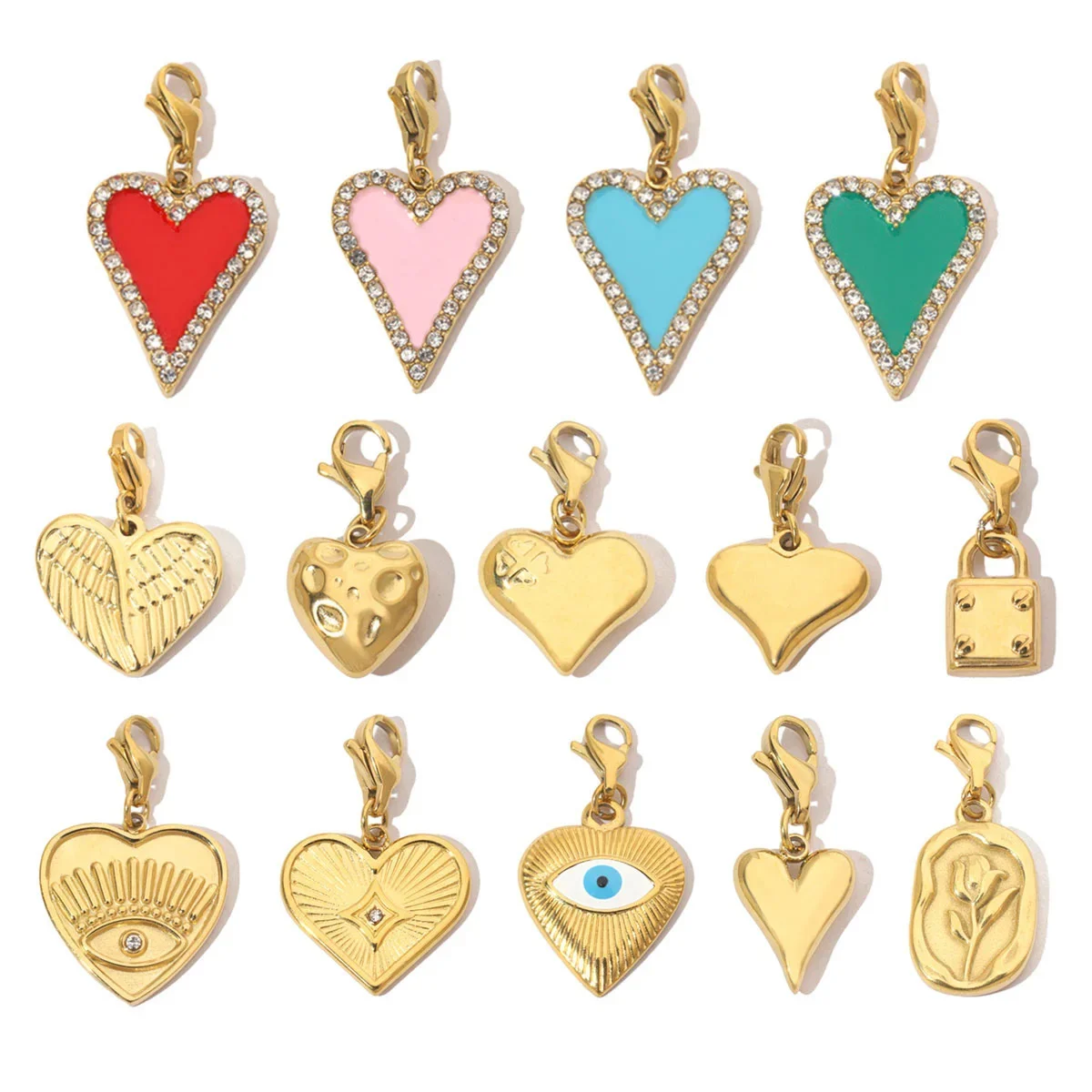 3Pcs/Lot Stone Love Heart Rose Stainless Steel Diy Clip On Charms Never Fade Women Wing Lock Necklace Lobster Pendant