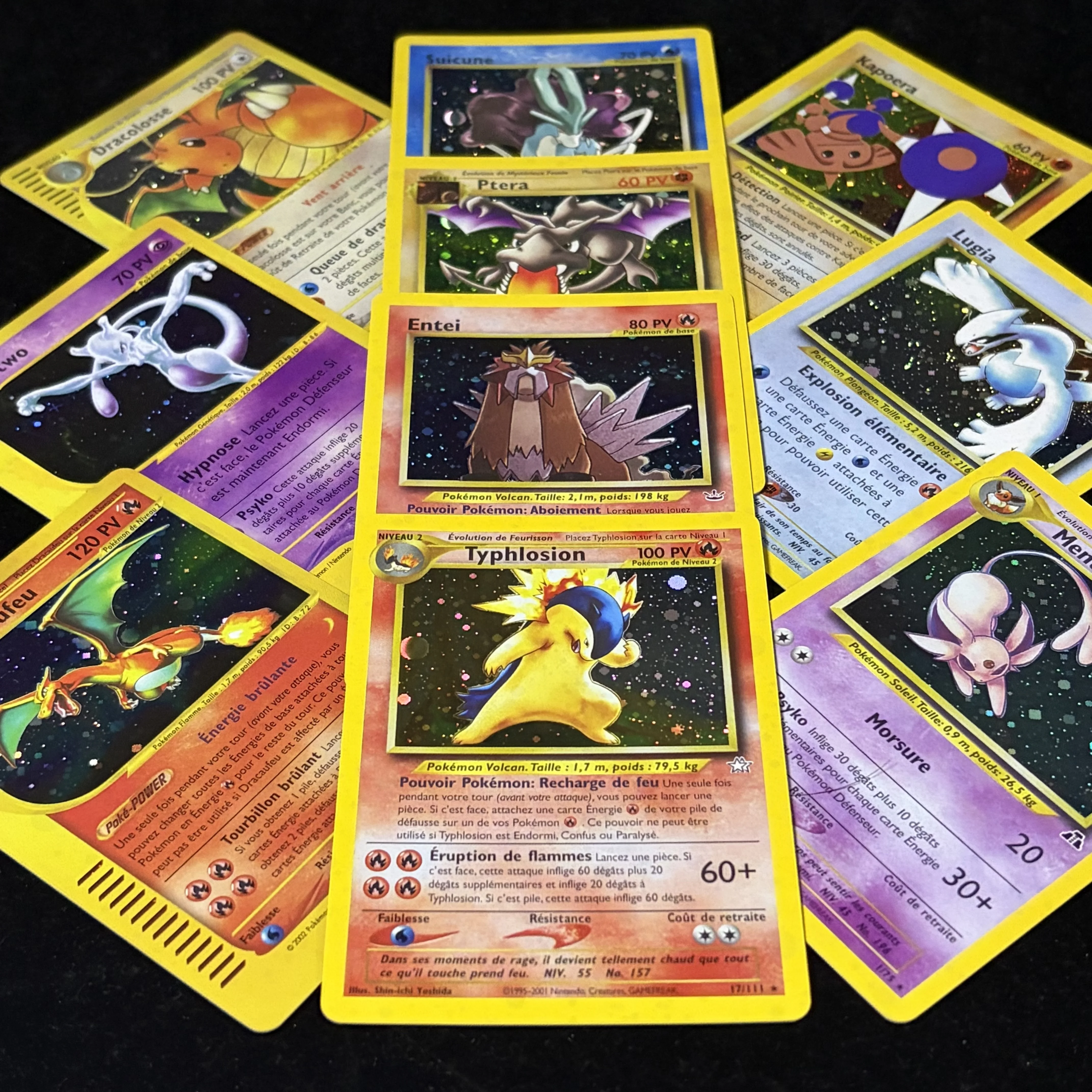 Vintage French PKM Cards Galaxy Holo Dracaufeu Lugia Mewtwo Entei Mentali Typhlosion Classic Pocket Collectible DIY Cards Gift