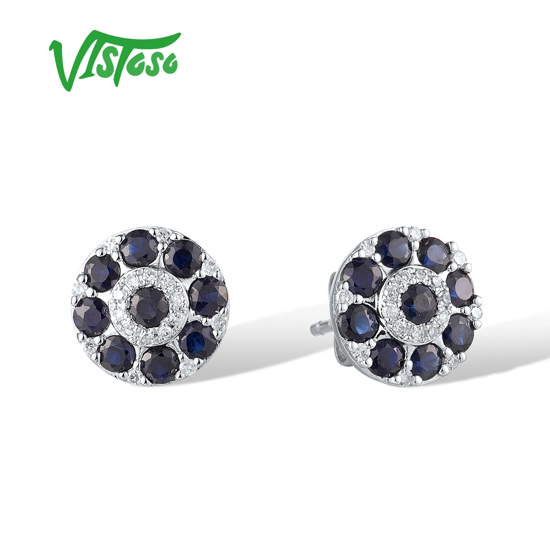 VISTOSO Real 14K 585 White Gold Earrings Stud For Women Sparkling Diamond Blue Sapphire Round Glamorous Wedding Fine Jewelry