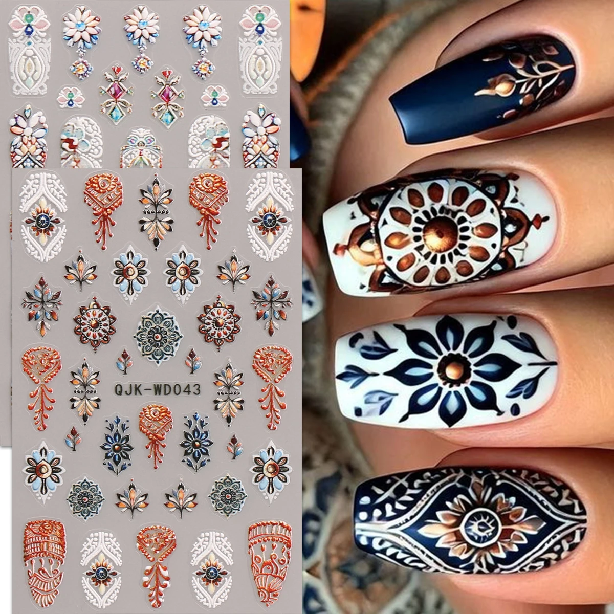 2pcs boho pattern embossed nail art stickers, artistic nail art decals, easy to apply nail decoration, DIY, gift, party makeup