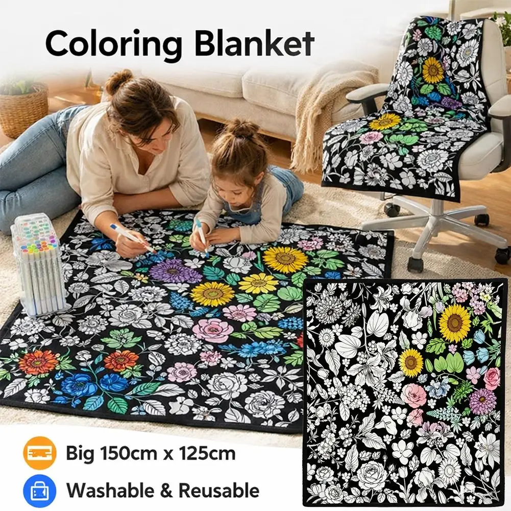DIY Coloring Blanket 24 Color Pens Washable Reusable Soft Fleece Drawing Blanket DIY Painting Blanket Adults Home Decor