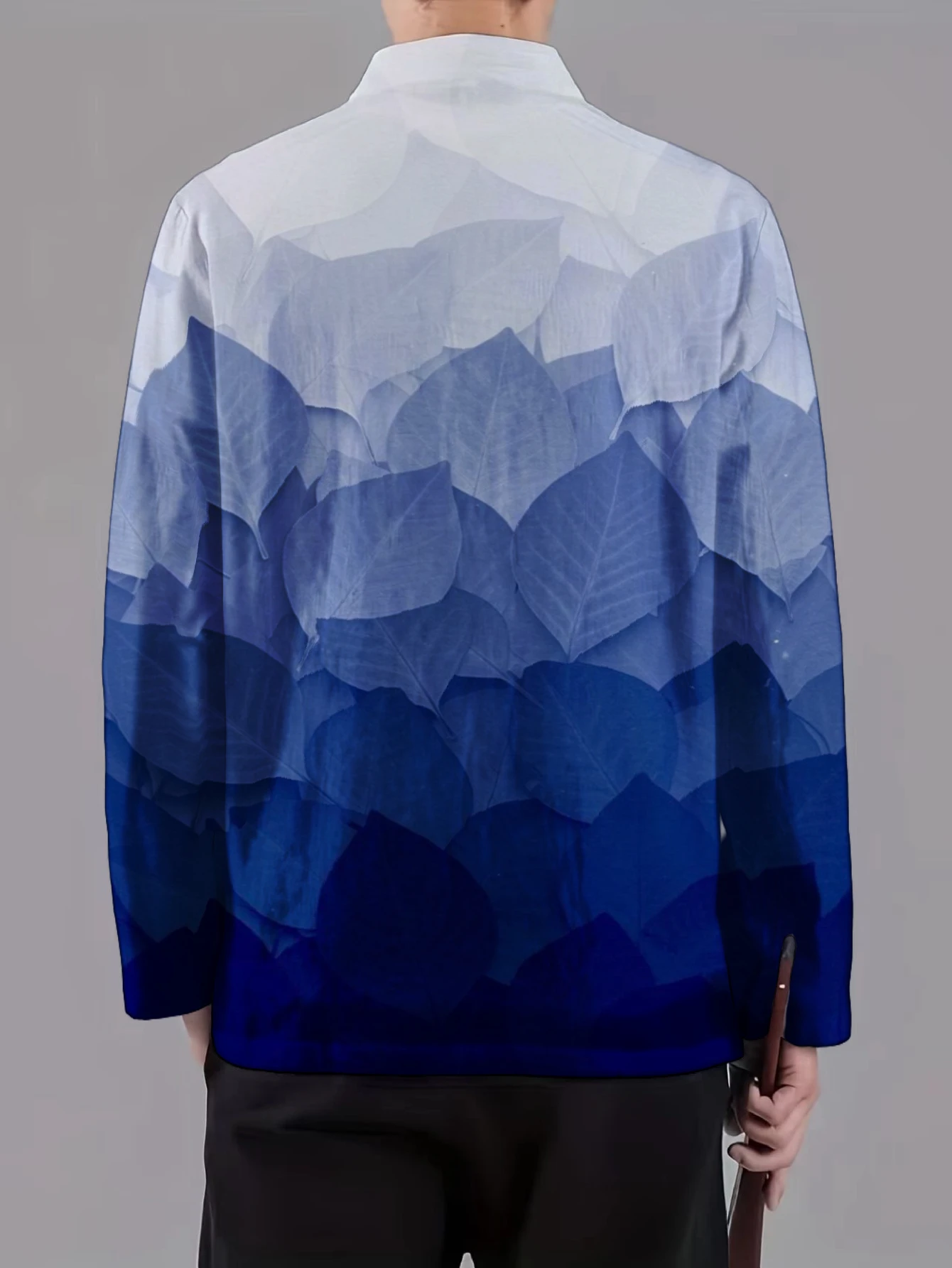 Men Mandarin Collar Frog Button Long Sleeve Jacket Modern Abstract Geometric Leaf Art Print Oriental Casual Outerwear