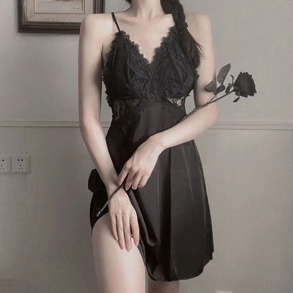 Lace Women's Pajama Dress Hollow Out Dress with Pads Ice Silk Suspender Nightdress Sleeveless Thin Slim Sling Nightgown Female