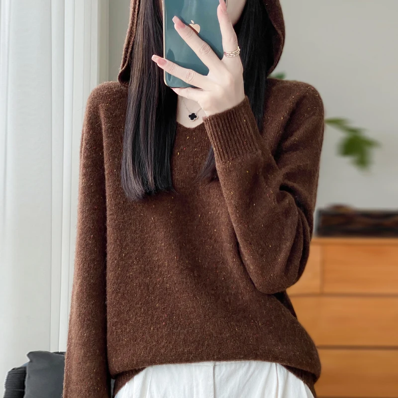 Fall/Winter 2024 New Women\'s Hooded Sweater 100% wool V-neck loose fashion cashmere bottoming pullover