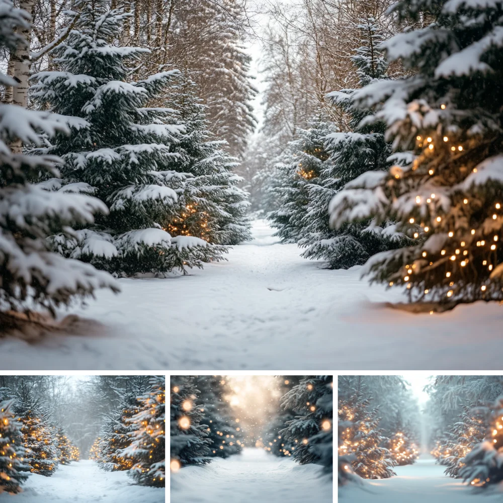 Winter Forest Christmas Photography Backdrop Snowy Scene Xmas Tree Glitter Lights Background Kids Family Photo Studio