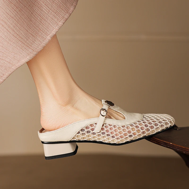 Size 40 41 42 43 Spring Summer New Elegant Metal Decoration Hollow Women Hlaf Sandals Casual Low Heel Mules Shoes Beige Slippers