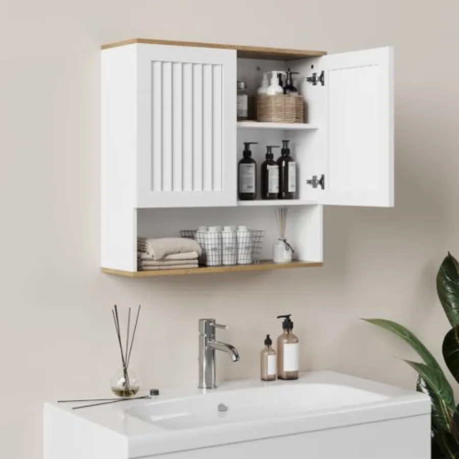 

Bathroom Wall Cabinet with Louvered Doors Adjustable Shelf Over The Toilet Storage Cabinet for Laundry Room Kitchen Living Room