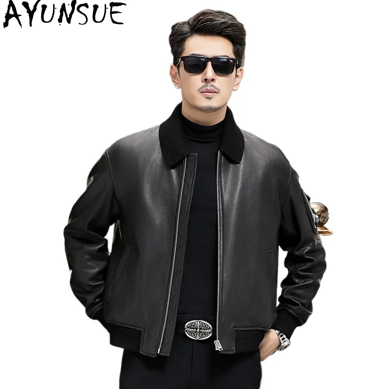 AYUNSUE Real Goatskin Leather Jackets Man 2025 Autumn Winter Double-layer Knitted Lapel Men Leather Jacket Short Baseball Coat