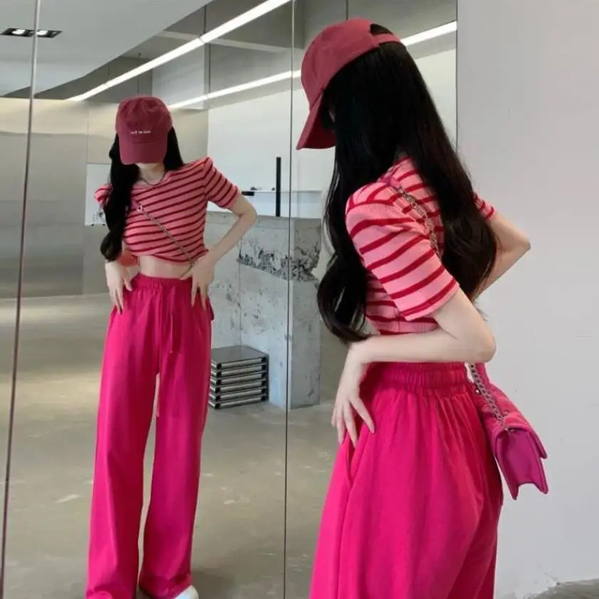 Summer New Fashion Set Women's Dragon Fruit Color High Waist Casual Wide Leg Pants Striped T-shirt Pants Two Piece Set Fashion