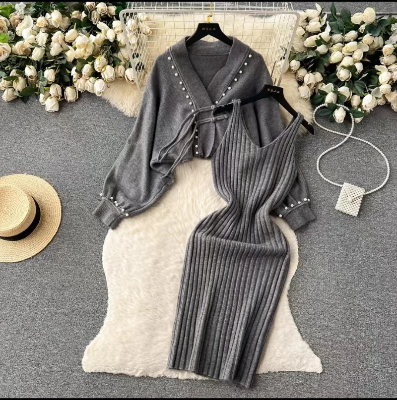 New High End Autumn Winter Fashion Dress Sets Women Knitted Vintage Casual Loose Shawl Coat + Sexy Sling Dresses Christmas Suit