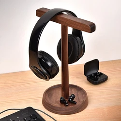 Solid Wood Dual Headphones Holder Black Walnut/Acacia Wood head-Mounted Headset Stand Hanger Desktop Bracket with Storage Base