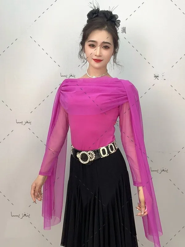 elegant-long-sleeve-dance-suit-with-sashes-elastic-square-dance-gittern-latin-dance-performance-costume-women's-slim-fit-poly