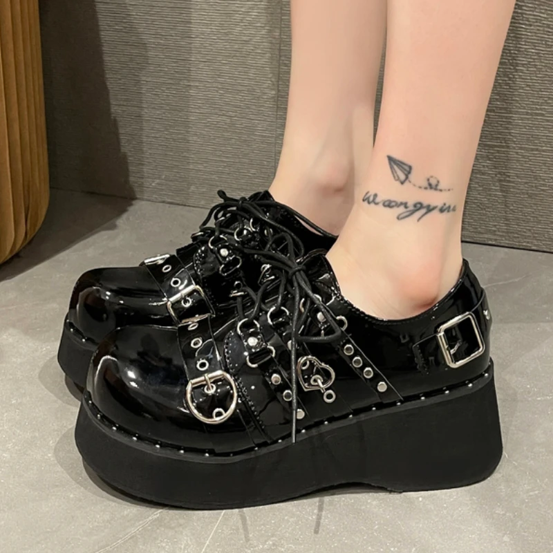 Women Pumps Mary Jane Derby Metal Decoration Platform Flat Heel Female Shoes Ladies Wedge Lolita Gothic Harajuku Punk Footwear