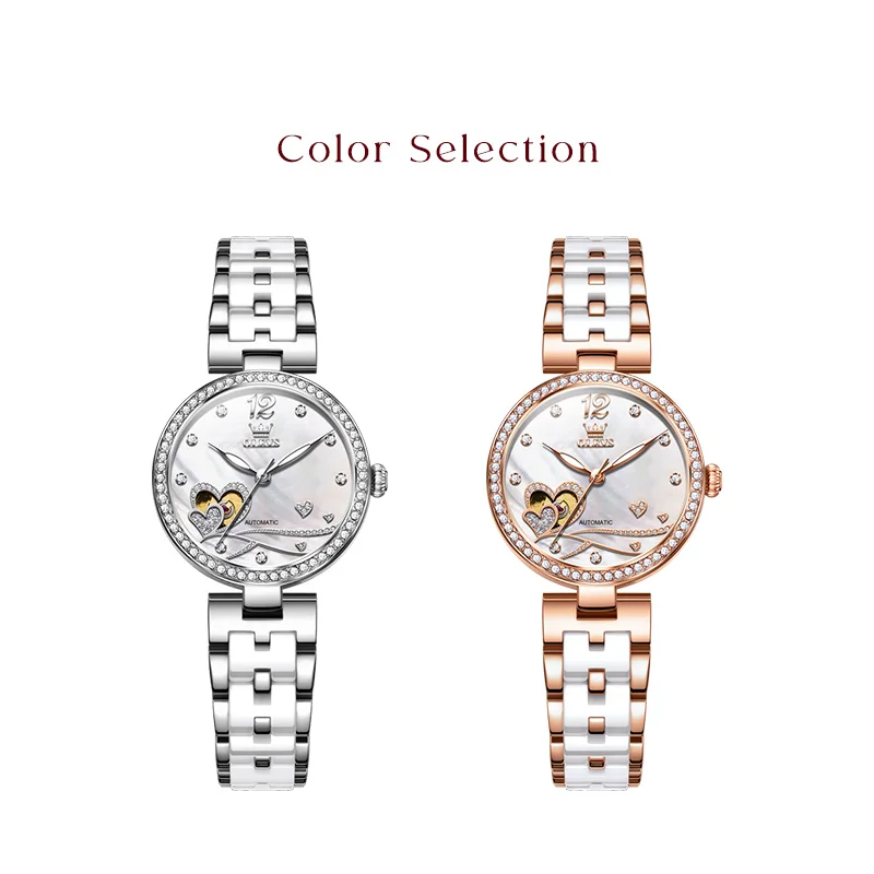 OLEVS 7086 Women Watch Luxury Elegant Original Mechanical Watch Love Dial Ladies Watch Ceramics Strap Set Gifts Box High Quality