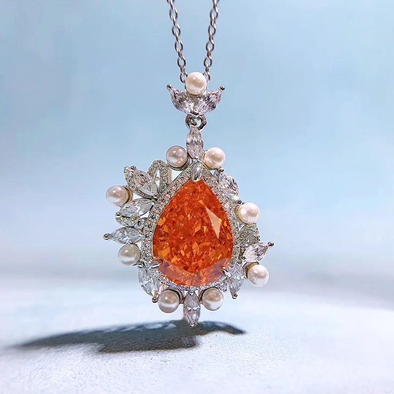 

2023 new 925 silver pear-shaped 11 * 15 sunset orange high carbon diamond water drop pendant women's versatile necklace