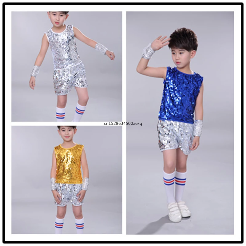 Kids Jazz Sequin Dance Costumes Boys Girls Hip-hop Modern Dance Performances Clothing Set Children Jazzy Dance Wear Stagewear