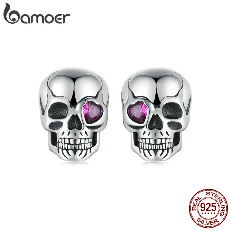 BAMOER 925 Sterling Silver Cool Skull Stud Earrings Red Heart-shaped CZ Hypoallergenic Earrings for Women Fine Jewelry SCE1771