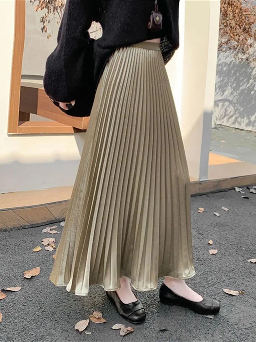 New Fashion High Quality Satin Pleated Long Skirt Women's High Waist Versatile Slimming Autumn Winter Skirt Elegant