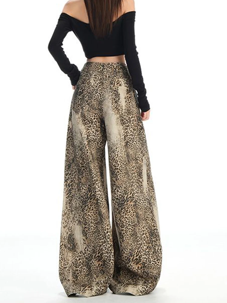 Leopard Streetwear Jeans Women Y2K Harajuku Pure Cotton Wide Leg Denim Pants Vintage High Waist American Hottie Hip Hop Trouser