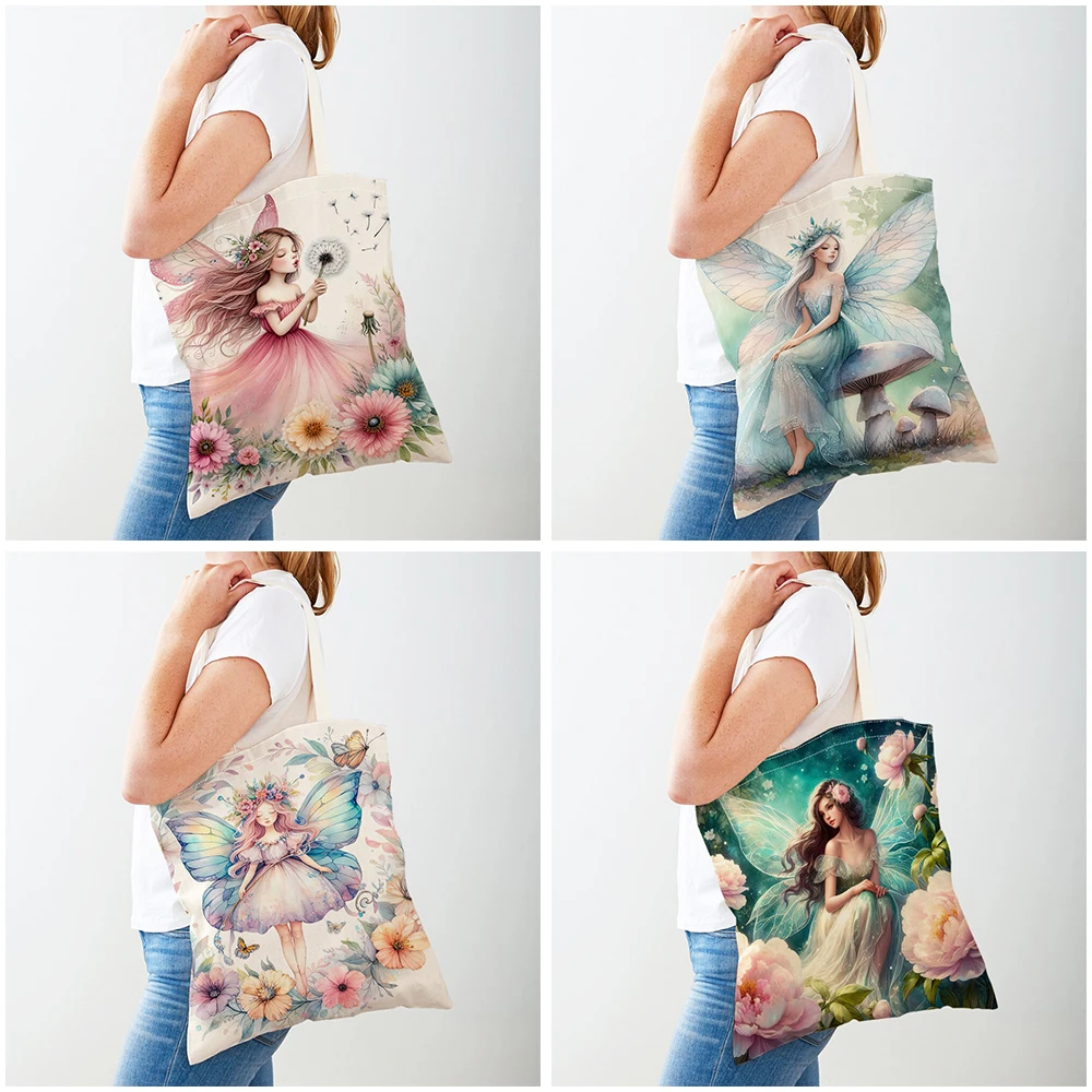 Double Print Children Gift Travel Lady Tote Shoulder Handbag Canvas Women Shopper Bag Cute Cartoon Elf Girl Shopping Bags