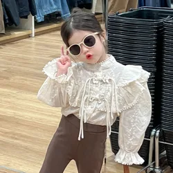 2024 Spring New Korean Children Wear Girl Fashionable Lace Shirt Button Small Stand Up Neck Fashionable Long Sleeved Shirt Trend