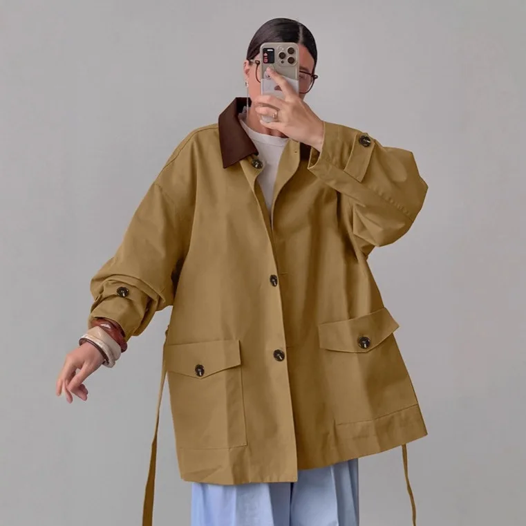 

Vintage Khaki Womens Trench Coat Lace Up Collar Slouchy Jacket Casual Autumn Female Outerwear Pocket Button Detail