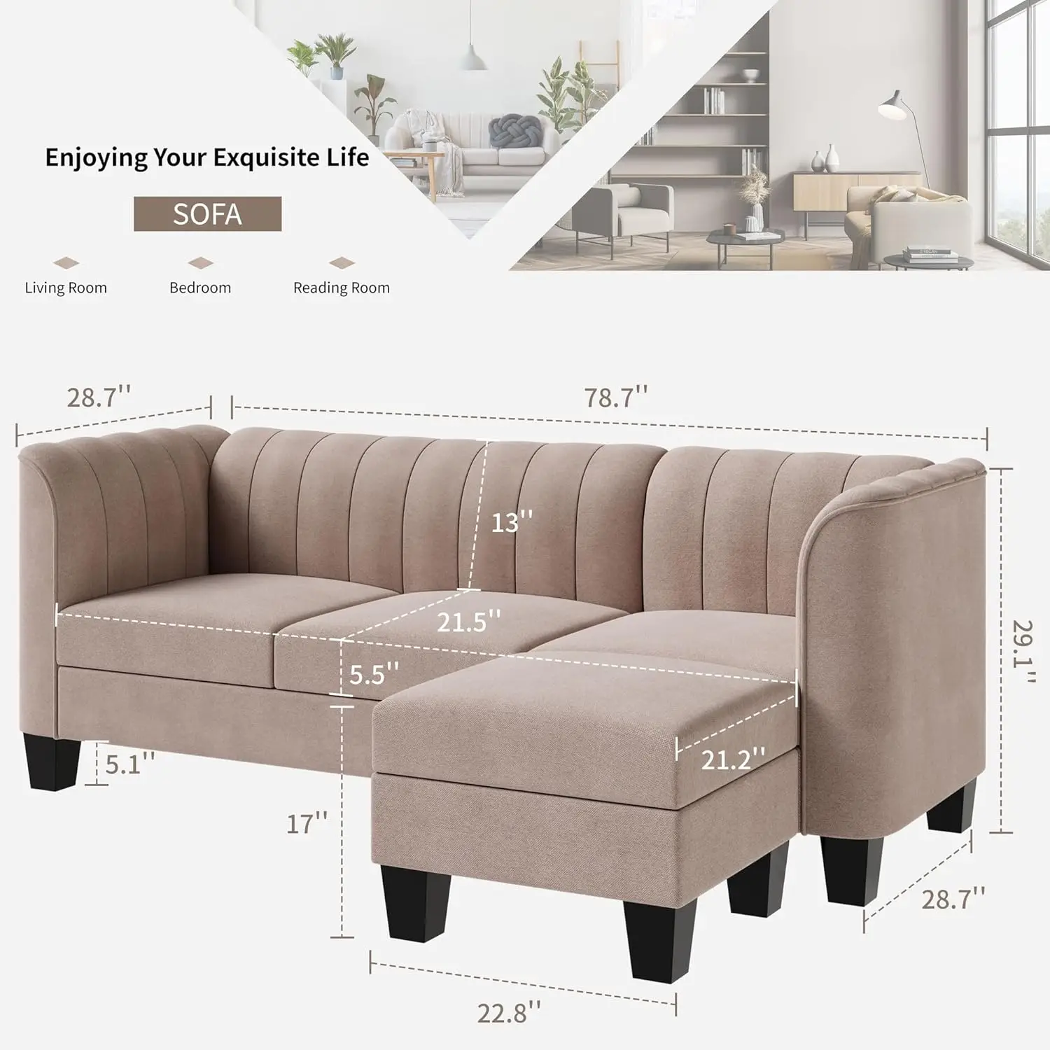 79'' Sectional Sofa Couch for Living Room, Small 3-Seat L Shaped Couch with Linen Fabric Convertible Sofa with Chaise Clearance