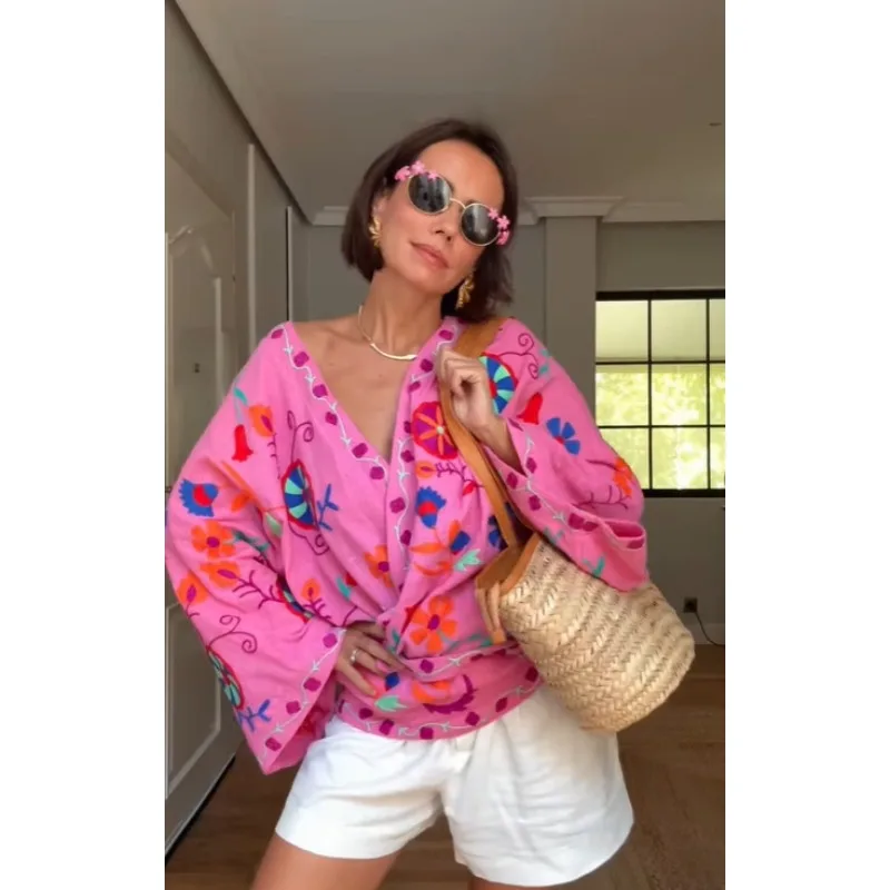 

Осень 2024, новая женская одежда, свободные розово-красные повседневные топы в стиле ретро с v-образным вырезом, модный кардиган с вышивкой, женская куртка на шнуровке