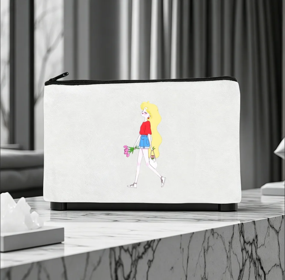 1PC Double-Side Printed Fashion Blonde Girl With Flower Canvas Makeup Storage Zipper Bag
