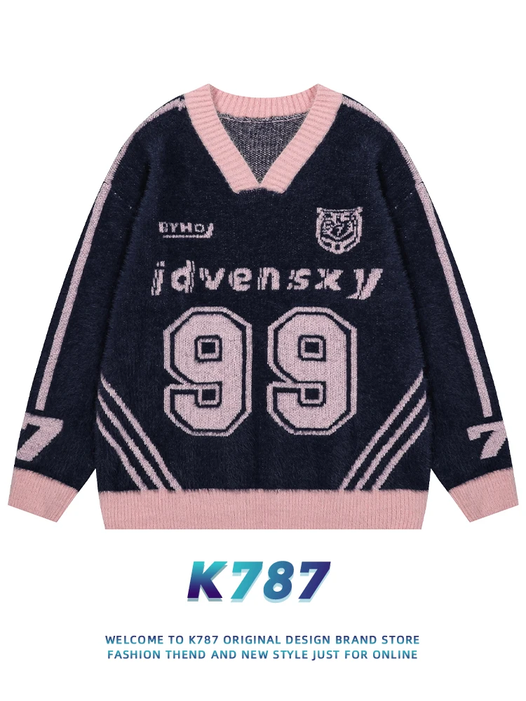 

K787 American Retro Sport Letter Knitwear V-ne Sweater for Men And Women Casual Loose Fit Long Sve Winter Sweater