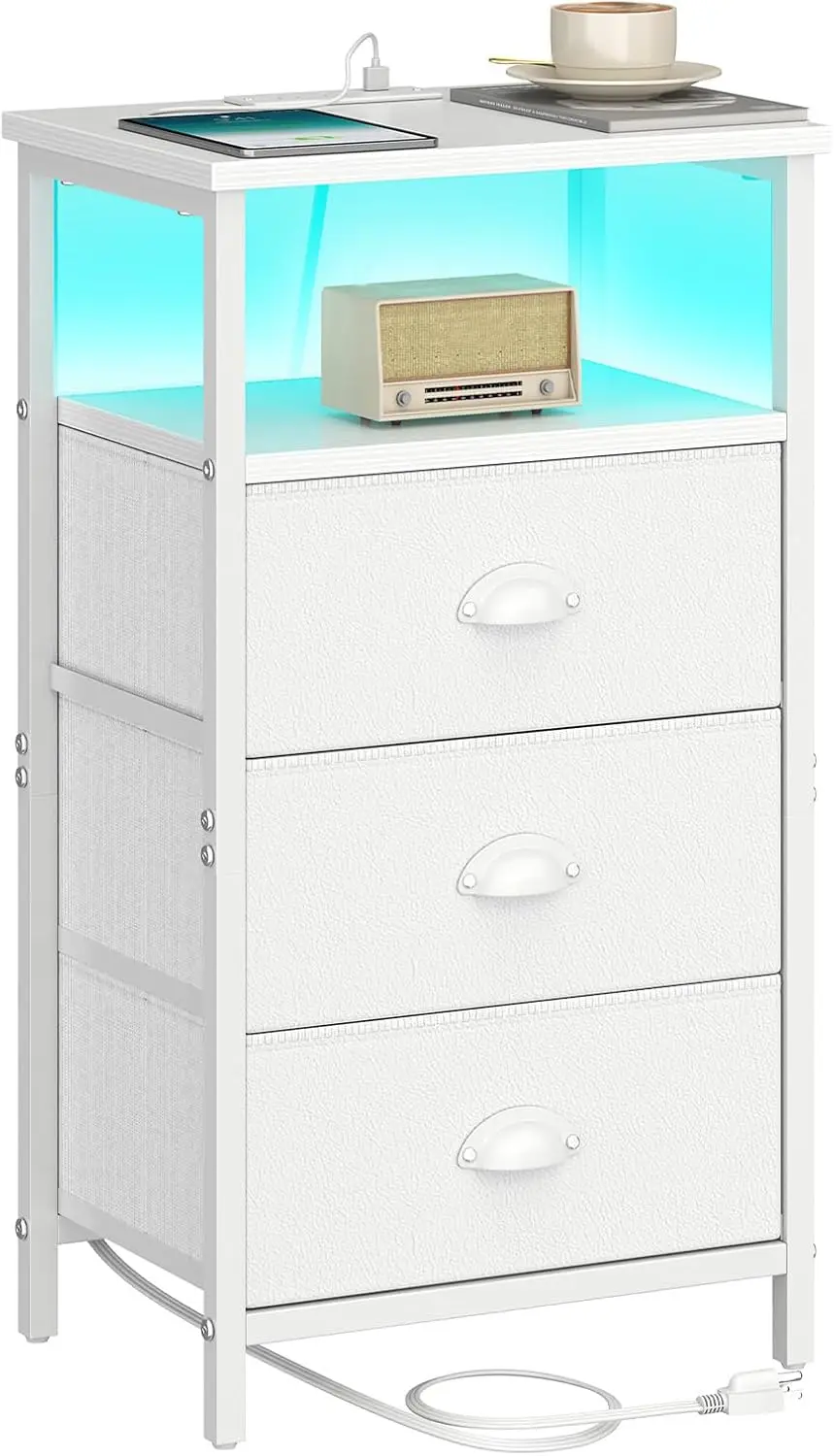 

Nightstand with Charging Station, LED White Bedside Table with 3 Fabric Drawers, PU Finish, 2-Tier Open Shelf, Bedroom Side Tabl