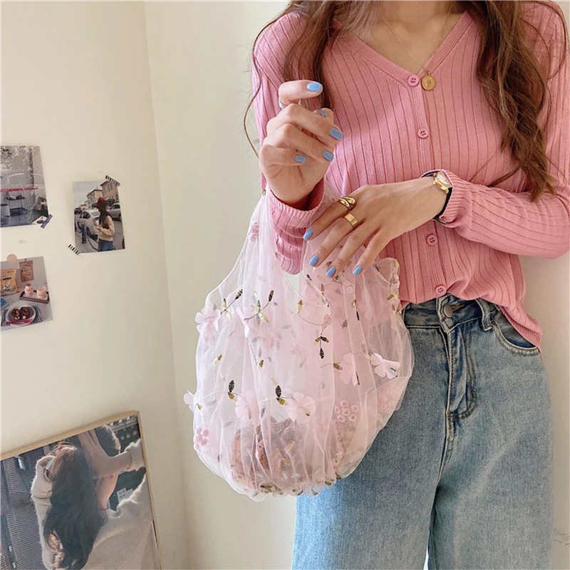 Female Yellow Flower Fresh Embroidered Mesh Bag Brand Designer New Summer Leisure Seaside Handbag, Fresh Cute Mesh Shopping Bag