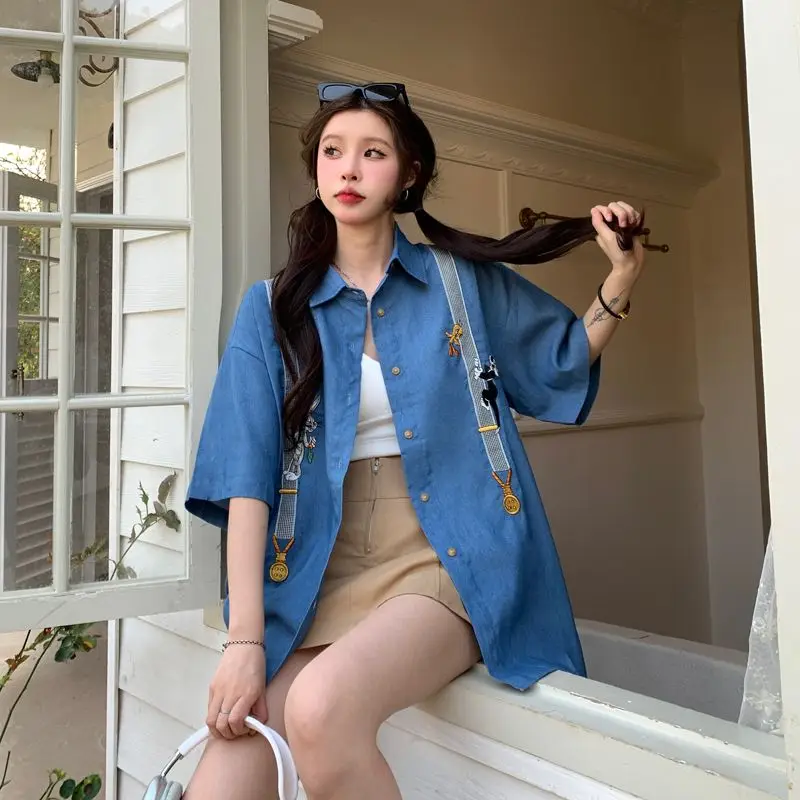 

Spring Autumn 2025 Loose Women's Denim Shirt Embroidered Short Sleeve Vintage Style Casual Fashion Outerwear Top