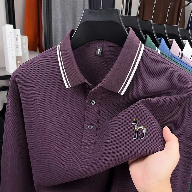 

Exquisite Dog Embroid luxury 100Cotton Polo Shirt Autumn New Solid Color Breathable Long Sleeve T-Shirt Luxury Business Menswear